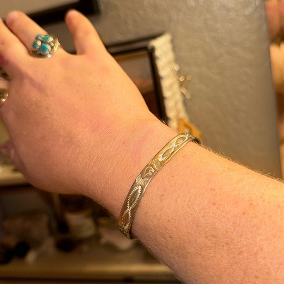 Sterling Silver Handmade Stamped Native Bear Bangle - Picture 2 of 7